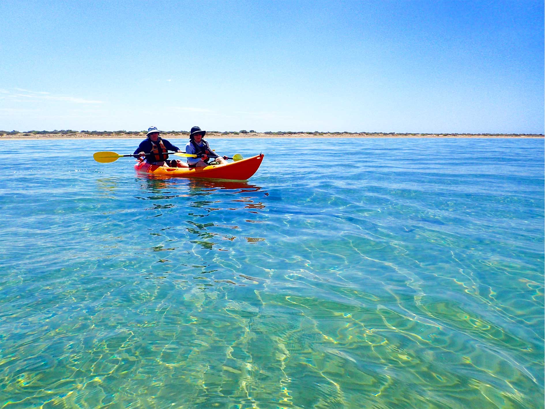 Couple paddle a double sit-on-top sea kayak on Turtle Tour, Ningaloo Reef, Exmouth Western Australia