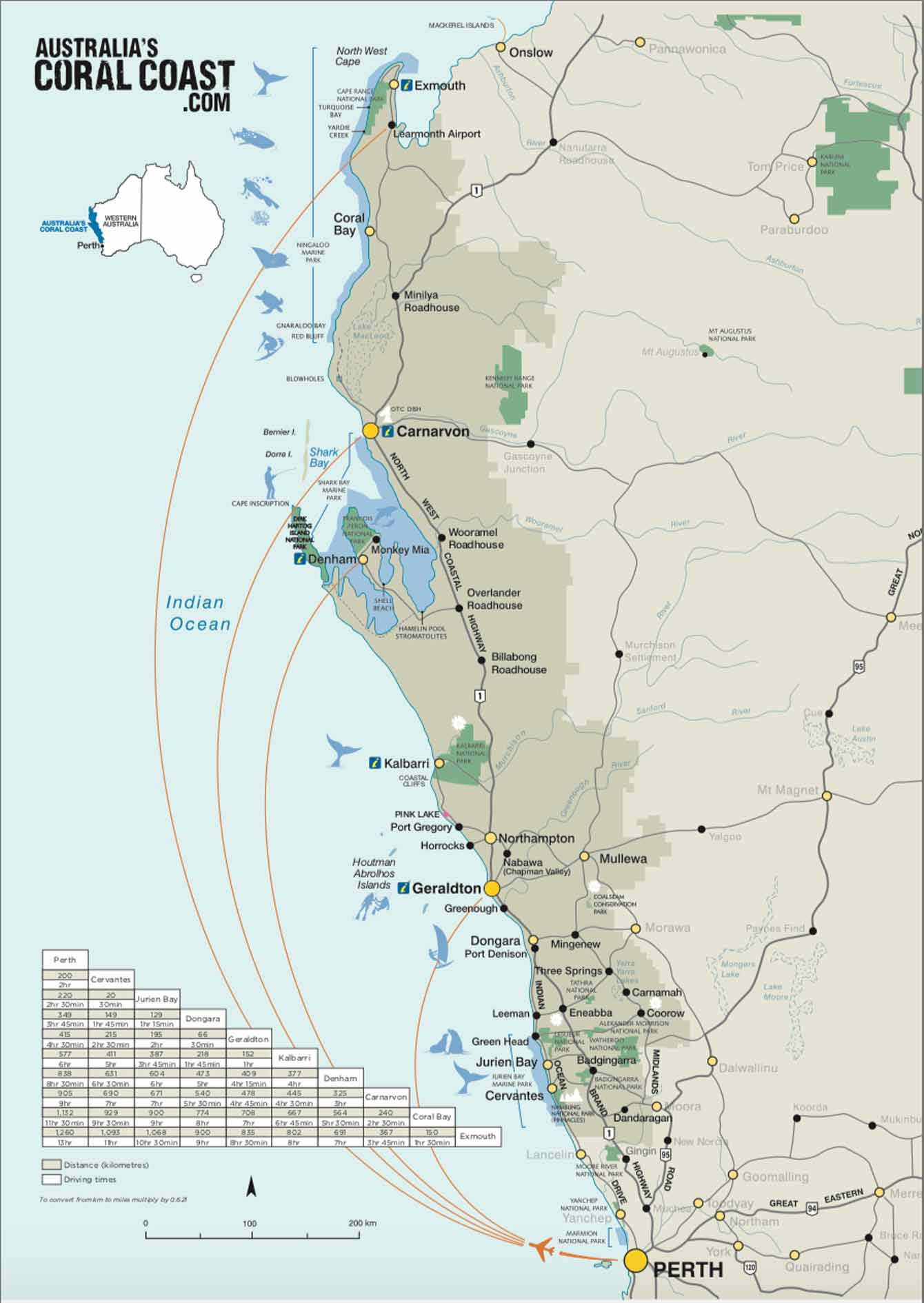 Map of Australia's Coral Coast and travel distances