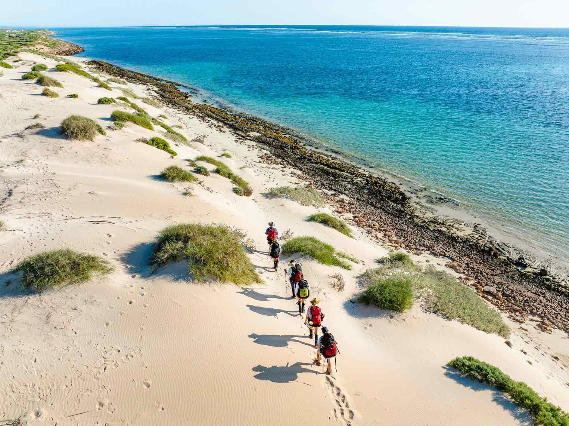 Group of people trekking along the coast, next to the clear turquoise waters of Ningaloo Reef